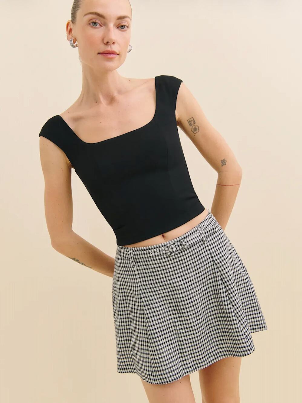 Reformation Rory Gingham Linen Pleated Mini Skirt Black/ White Size 6 NWT